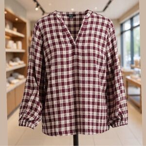 Felina Burgundy Checkered V-Neck Subtle Shimmer Blouse. Medium NWT